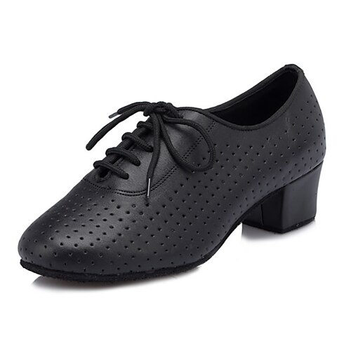 

Women's Latin Shoes Ballroom Shoes Salsa Shoes Line Dance Performance Lace Up Criss-Cross Chunky Heel Lace-up Black / Leather