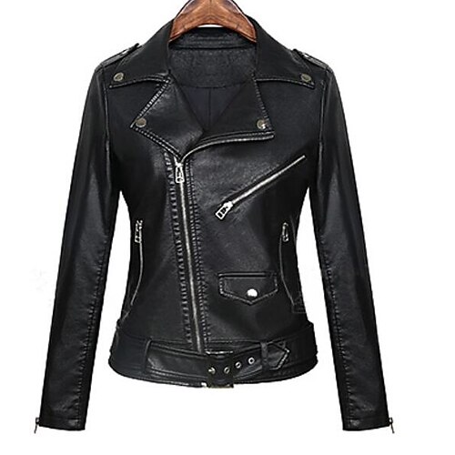 

Women's Faux Leather Jacket Daily Fall Short Coat Notch lapel collar Regular Fit Streetwear Jacket Long Sleeve Solid Colored Black