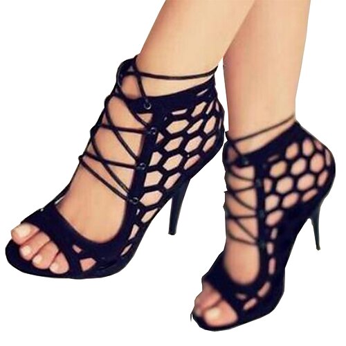 Women's Sandals Sexy Shoes High Heel Sandals Pumps Open Toe Sexy Roman Shoes Wedding Party & Evening PU Leather Elastic Band Summer Solid Colored Black