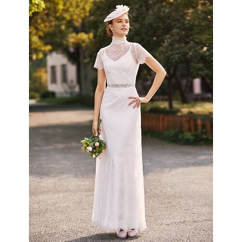 

Two Piece Sheath / Column Wedding Dresses High Neck Floor Length Lace Charmeuse Short Sleeve Beautiful Back with Sash / Ribbon Beading 2022