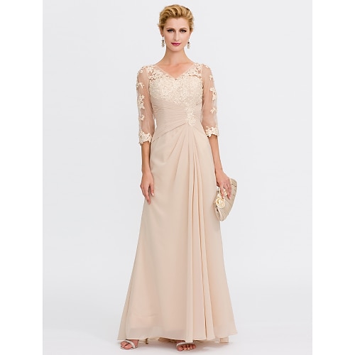 

A-Line Mother of the Bride Dress Plus Size Elegant See Through V Neck Floor Length Chiffon Half Sleeve with Appliques Side Draping 2022 / Illusion Sleeve