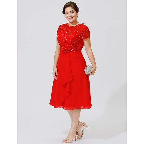 

A-Line Mother of the Bride Dress Elegant & Luxurious Beautiful Back Plus Size Jewel Neck Knee Length Chiffon Beaded Lace Short Sleeve with Pleats Beading Flower 2022 / See Through