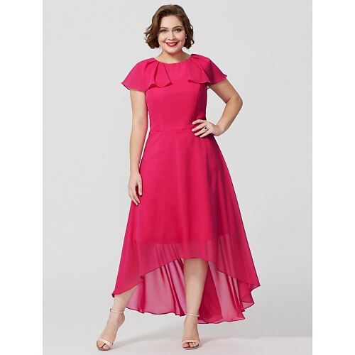 

A-Line Mother of the Bride Dress Chic & Modern Glamorous & Dramatic Plus Size Jewel Neck Asymmetrical Chiffon Long Sleeve with Pleats Flounced 2022 / Butterfly Sleeve