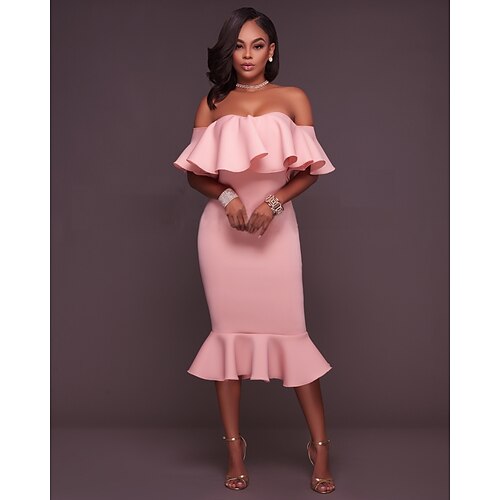 

Women's Party Dress Bodycon Midi Dress Black Pink Yellow Short Sleeve Pure Color Ruffle Spring Summer Off Shoulder Slim 2022 S M L XL