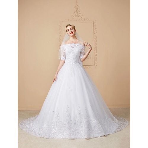 

Ball Gown Wedding Dresses Off Shoulder Court Train Lace Tulle Half Sleeve Sparkle & Shine Open Back Cute with Bow(s) Beading Appliques 2022 / Illusion Sleeve
