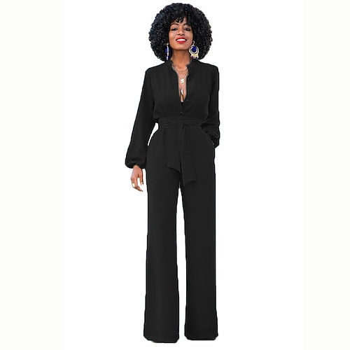 

Women's Jumpsuit Stylish Solid Colored V Neck Party Work Wide Leg Long Sleeve Lantern Sleeve Blue Black Red S M L / High Waist