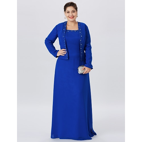 

A-Line Mother of the Bride Dress Classic & Timeless Elegant & Luxurious Plus Size Straps Floor Length Chiffon Lace Long Sleeve with Pearls Crystals 2022 / Wrap Included
