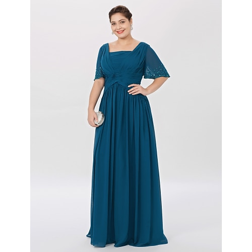 

Ball Gown A-Line Mother of the Bride Dress Classic & Timeless Elegant & Luxurious Plus Size Square Neck Floor Length Chiffon Short Sleeve with Pleats Beading 2022 / Butterfly Sleeve