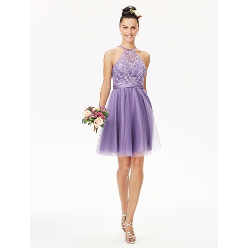 

Ball Gown / A-Line Bridesmaid Dress Jewel Neck Sleeveless Short / Mini Tulle / Corded Lace with Sash / Ribbon / Pleats / Appliques 2022