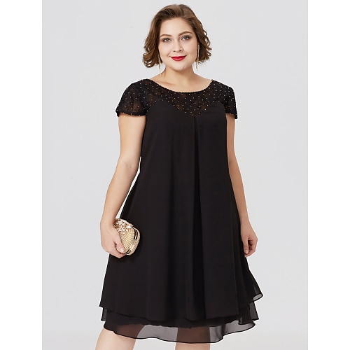 

Sheath / Column Mother of the Bride Dress Little Black Dress Plus Size See Through Jewel Neck Knee Length Chiffon Lace Short Sleeve with Pleats Beading Lace Insert 2022
