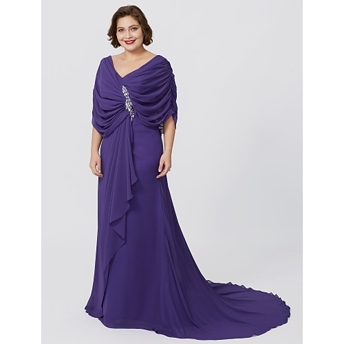 

Sheath / Column Mother of the Bride Dress Classic & Timeless Elegant & Luxurious Plus Size V Neck Sweep / Brush Train Floor Length Chiffon Short Sleeve with Criss Cross 2022 / Butterfly Sleeve