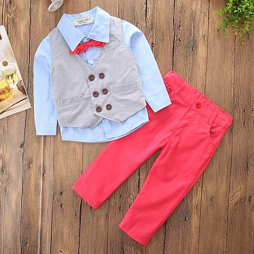 Toddler Boys' Clothing Set Long Sleeve Red Solid Colored Color Block Cotton Active Casual Regular / Fall