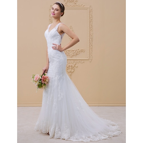 

Mermaid / Trumpet Wedding Dresses V Neck Chapel Train Tulle All Over Lace Lace Over Tulle Regular Straps Sexy Illusion Detail Backless with Beading Appliques 2022