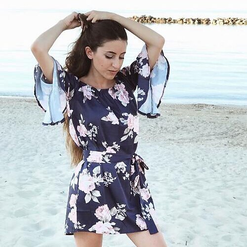 Women's Off Shoulder Daily Going out Club Boho Flare Sleeve Asymmetrical Sheath Dress - Floral Backless Boat Neck Spring Navy Blue M L XL