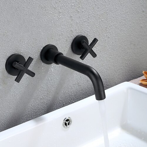 

Bathroom Sink Faucet,Brass Wall Installation Black Widespread Painted Finishes Two Handles Three Holes Bath Taps with Hot and Cold Water