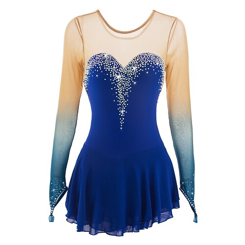 

Figure Skating Dress Women's Girls' Ice Skating Dress Outfits Aquamarine Halo Dyeing Spandex Elastane Competition Skating Wear Handmade Jeweled Rhinestone Long Sleeve Ice Skating Figure Skating