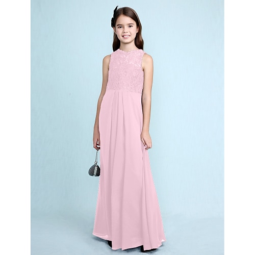 

Sheath / Column Floor Length Scoop Neck Chiffon Junior Bridesmaid Dresses&Gowns With Lace Wedding Party Dresses 4-16 Year