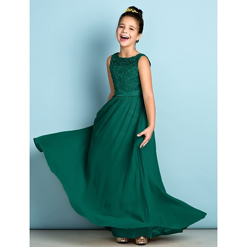 

A-Line Floor Length Scoop Neck Chiffon Junior Bridesmaid Dresses&Gowns With Lace Wedding Party Dresses 4-16 Year