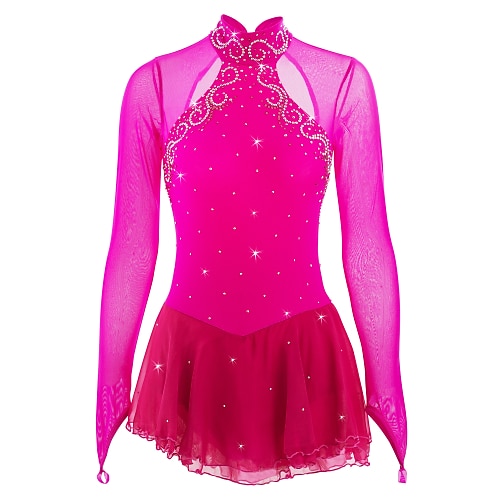 

Figure Skating Dress Women's Girls' Ice Skating Dress Outfits Peach Open Back Patchwork Spandex Elastane High Elasticity Competition Skating Wear Handmade Jeweled Rhinestone Long Sleeve Ice Skating