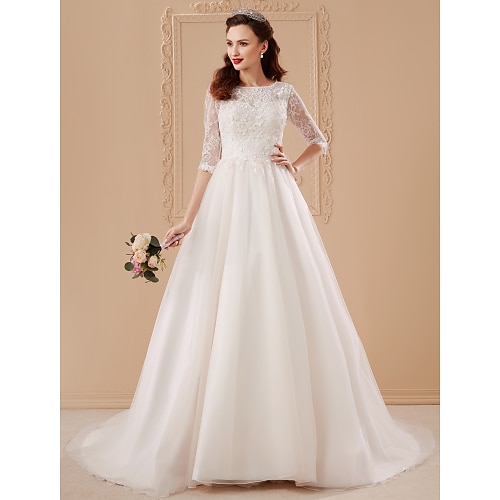 

Ball Gown Wedding Dresses Bateau Neck Sweep / Brush Train Tulle Over Lace 3/4 Length Sleeve Romantic Glamorous Backless with Appliques Flower 2022 / Illusion Sleeve