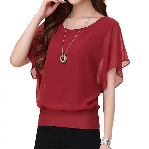 Women's T shirt Solid Colored Plus Size Round Neck Ruffle Short Sleeve Tops Wine White Black
