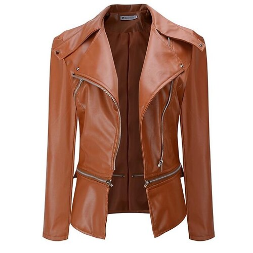 

Women's Faux Leather Jacket Going out Regular Fit Outerwear Long Sleeve Winter Fall Black Wine Brown S M L XL XXL 3XL