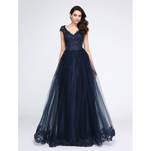 

A-Line Elegant Prom Formal Evening Dress V Neck Sleeveless Floor Length Tulle with Appliques 2022