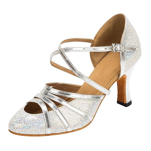 

Women's Modern Shoes Ballroom Shoes Professional Sandal Heel Glitter Splicing Customized Heel Silver