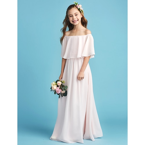 

A-Line Floor Length Off Shoulder Chiffon Junior Bridesmaid Dresses&Gowns With Pleats Wedding Party Dresses 4-16 Year