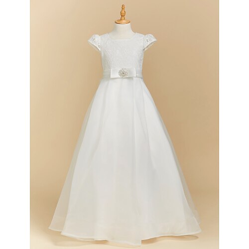 

Wedding First Communion A-Line Flower Girl Dresses Square Neck Floor Length Satin Lace Spring Summer with Bow(s) Cute Girls' Party Dress Fit 3-16 Years