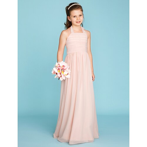 

Princess Floor Length Halter Neck Chiffon Junior Bridesmaid Dresses&Gowns With Pleats Wedding Party Dresses 4-16 Year