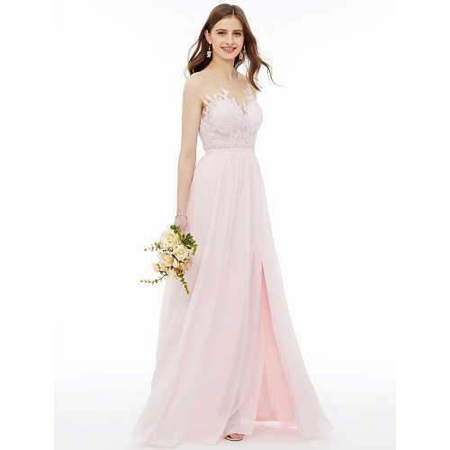 

A-linje Brudepigekjole Illusion hals Uden ærmer Illusion Detalje Gulvlang Chiffon / Blomsterblonder med Bælte / bånd / Applikeret broderi 2022