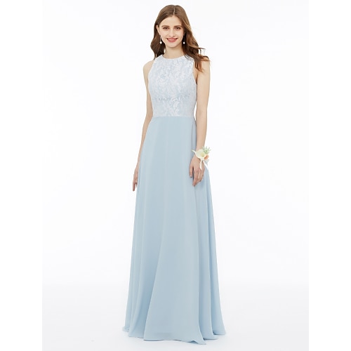 

Ball Gown / A-Line Bridesmaid Dress Jewel Neck Sleeveless Floor Length Chiffon / Metallic Lace with Pleats / Draping / Appliques 2022