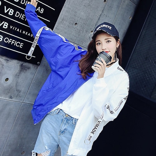 

Women's Jacket Daily Summer Regular Coat Ordinary Sporty Jacket Long Sleeve Color Block White Black / Cotton