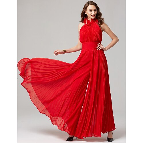 

Jumpsuits Hot Wedding Guest Formal Evening Valentine's Day Dress High Neck Backless Sleeveless Floor Length Chiffon with Pleats 2022