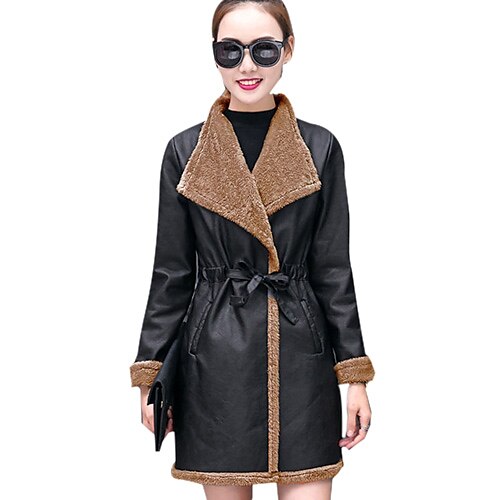 

Women's Faux Leather Jacket Going out Fall Winter Regular Coat Shirt Collar Streetwear Jacket Long Sleeve Solid Colored Color Block Gray Khaki Brown / Plus Size