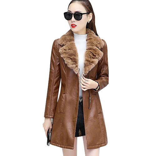 

Women's Faux Leather Jacket Going out Weekend Fall Winter Long Coat Peaked Lapel Regular Fit Streetwear Jacket Long Sleeve Solid Colored Khaki Black / Plus Size