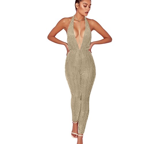 

Women's Jumpsuit Backless Solid Color Halter Neck Basic Daily Club Slim Sleeveless Black Pink Gold S M L Spring
