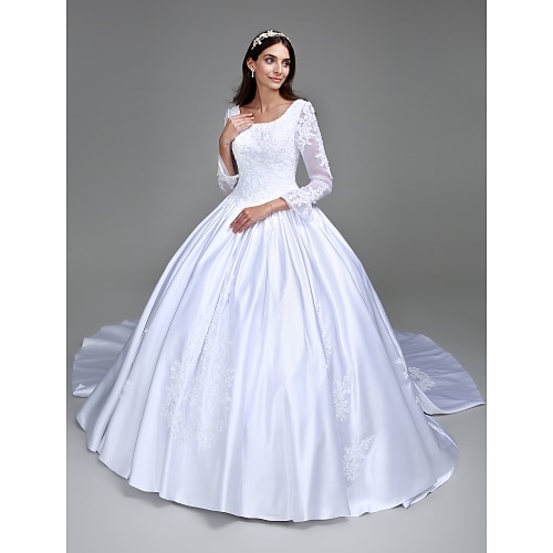 

Ball Gown Wedding Dresses Scoop Neck Sweep / Brush Train Satin Long Sleeve Simple Vintage See-Through with Beading Appliques 2022 / Illusion Sleeve