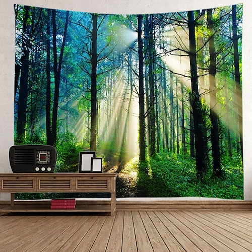

Wall Tapestry Art Decor Blanket Curtain Picnic Tablecloth Hanging Home Bedroom Living Room Dorm Decoration Misty Forest Nature Landscape Sunshine Through Tree