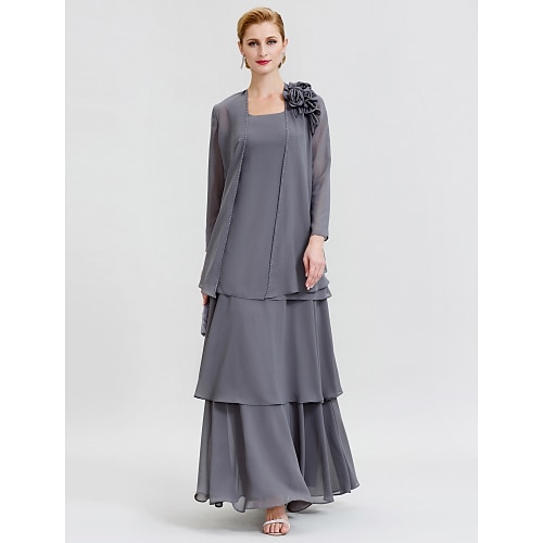 

A-Line Mother of the Bride Dress Floral Convertible Dress Scoop Neck Floor Length Chiffon Long Sleeve Wrap Included with Beading Flower Tiered 2022