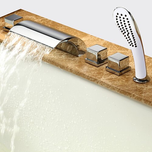 Badekarshaner - Moderne Krom Romersk Kar Keramik Ventil Bath Shower Mixer Taps / Messing / To Håndtag fem huller