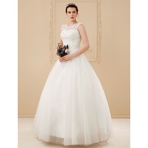 

Ball Gown Wedding Dresses Scoop Neck Floor Length Beaded Lace Regular Straps Romantic Illusion Detail with Beading Appliques 2022