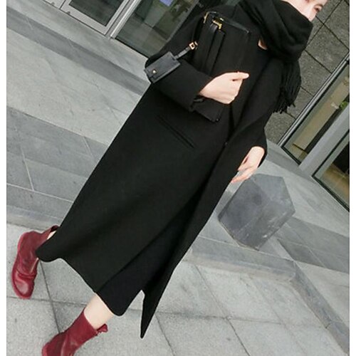 

Women's Coat Daily Winter Maxi Coat Shirt Collar Jacket Long Sleeve Solid Colored Black / Cotton