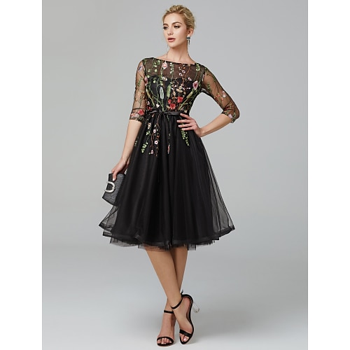 

A-Line Floral Cocktail Party Prom Valentine's Day Dress Illusion Neck Long Sleeve Knee Length Tulle with Embroidery Appliques 2022