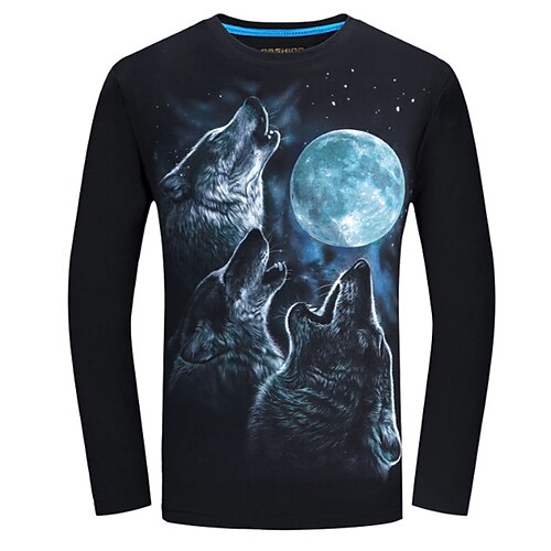 

Men's T shirt Animal Plus Size Round Neck Daily Holiday Long Sleeve Slim Tops Cotton Active Basic Blue Black / Spring / Summer