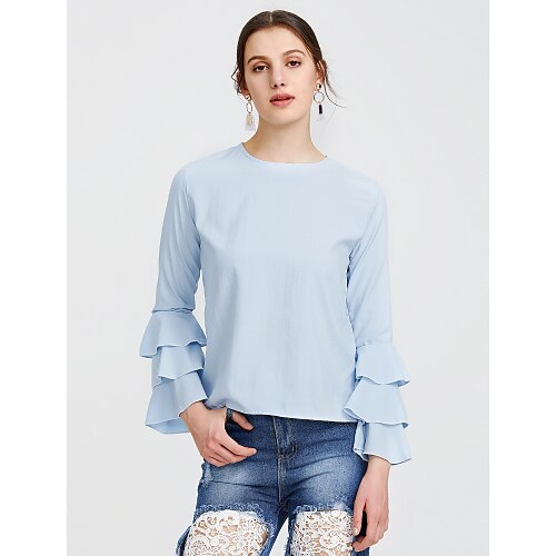Women's T shirt Solid Colored Round Neck Daily Sports Long Sleeve Loose Tops Active Streetwear Blue / Petal Sleeves / Sexy