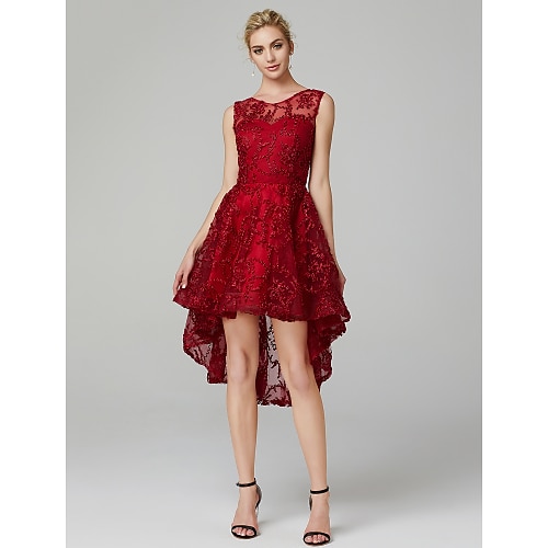 

A-Line Hot Dress Cocktail Party Asymmetrical Sleeveless Illusion Neck Tulle with Appliques 2022 / Prom / High Low