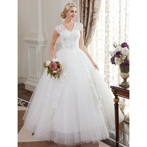 

Ball Gown Wedding Dresses V Neck Floor Length Satin Lace Over Tulle Cap Sleeve Romantic Illusion Detail with Crystal Sequin 2022