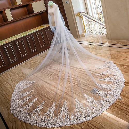

Two-tier Lace Applique Edge / Bridal Wedding Veil Chapel Veils / Cathedral Veils with Petal / Scattered Bead Floral Motif Style / Splicing Lace / Tulle / Drop Veil